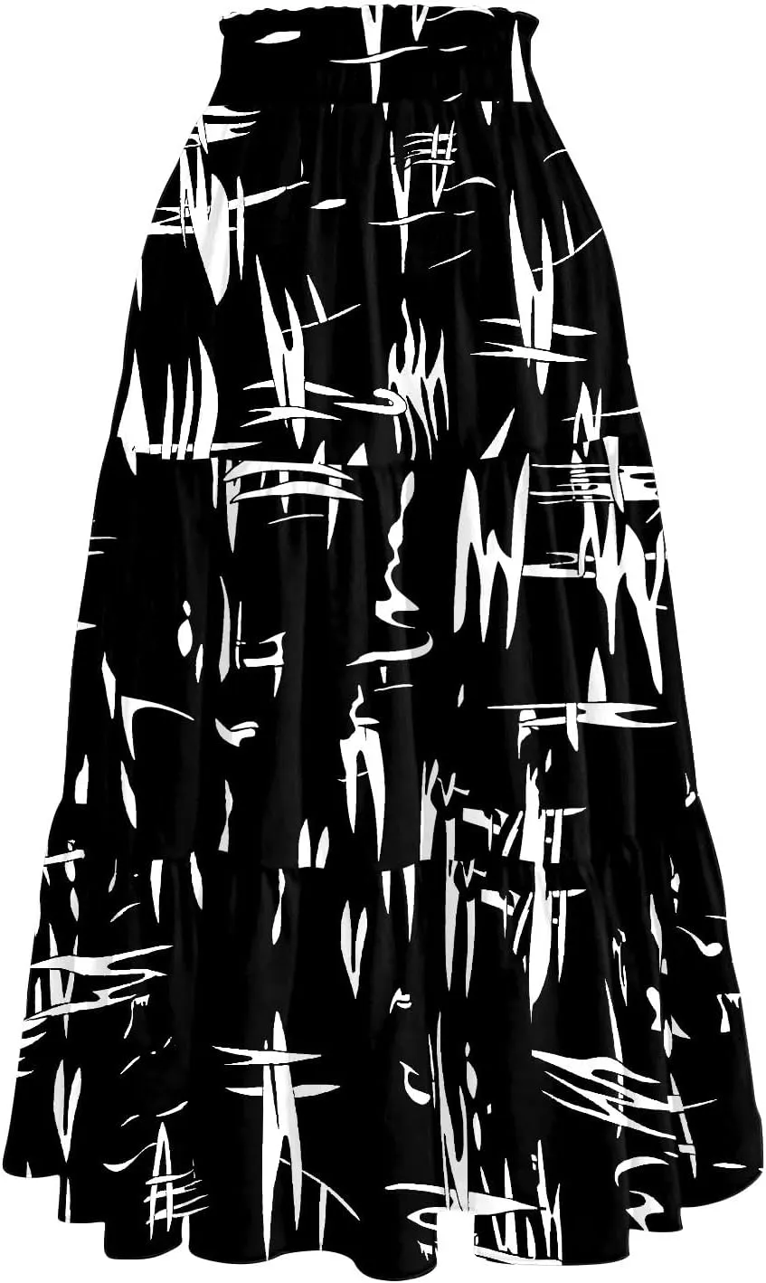 COTECRAM Women's 2025 Bohemian Beach Skirts Flowy High Waist Tiered A Line Midi Skirt Trendy Summer Pleated Long Skirts