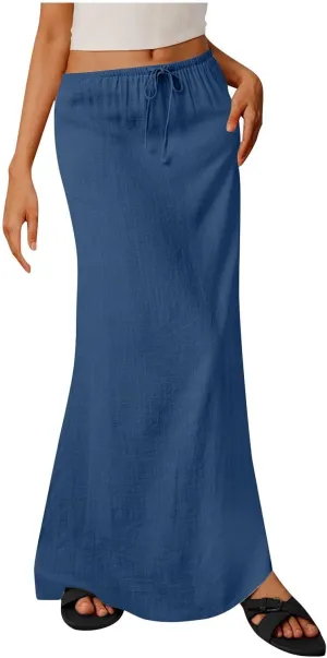 Cotton Linen Maxi Skirts for Women 2025 Drawstring Elastic Waist Dress A Line Cute Vacation Boho Long Flowy Skirts