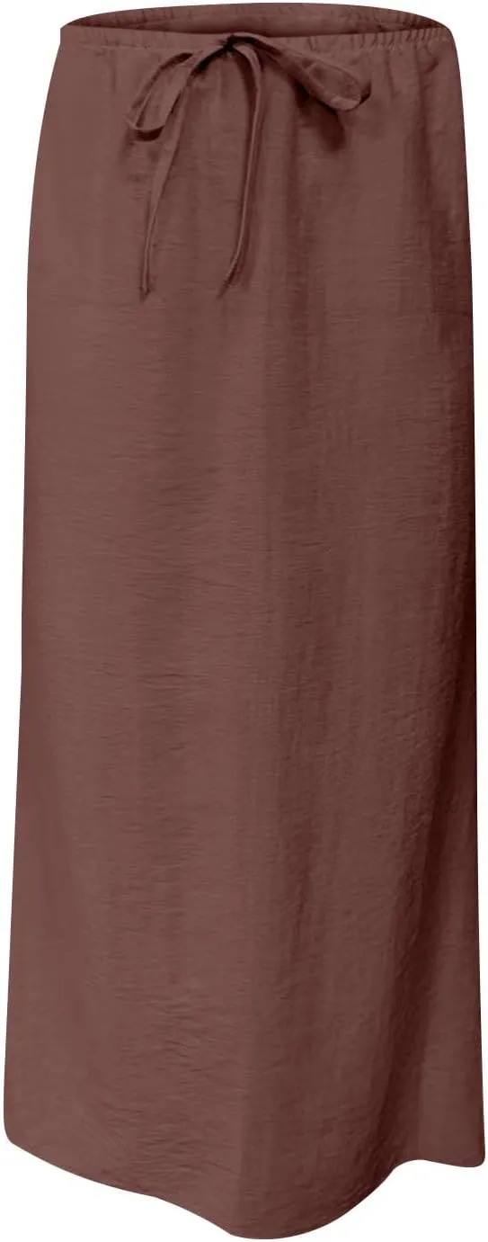 Cotton Linen Maxi Skirts for Women 2025 Drawstring Elastic Waist Dress A Line Cute Vacation Boho Long Flowy Skirts