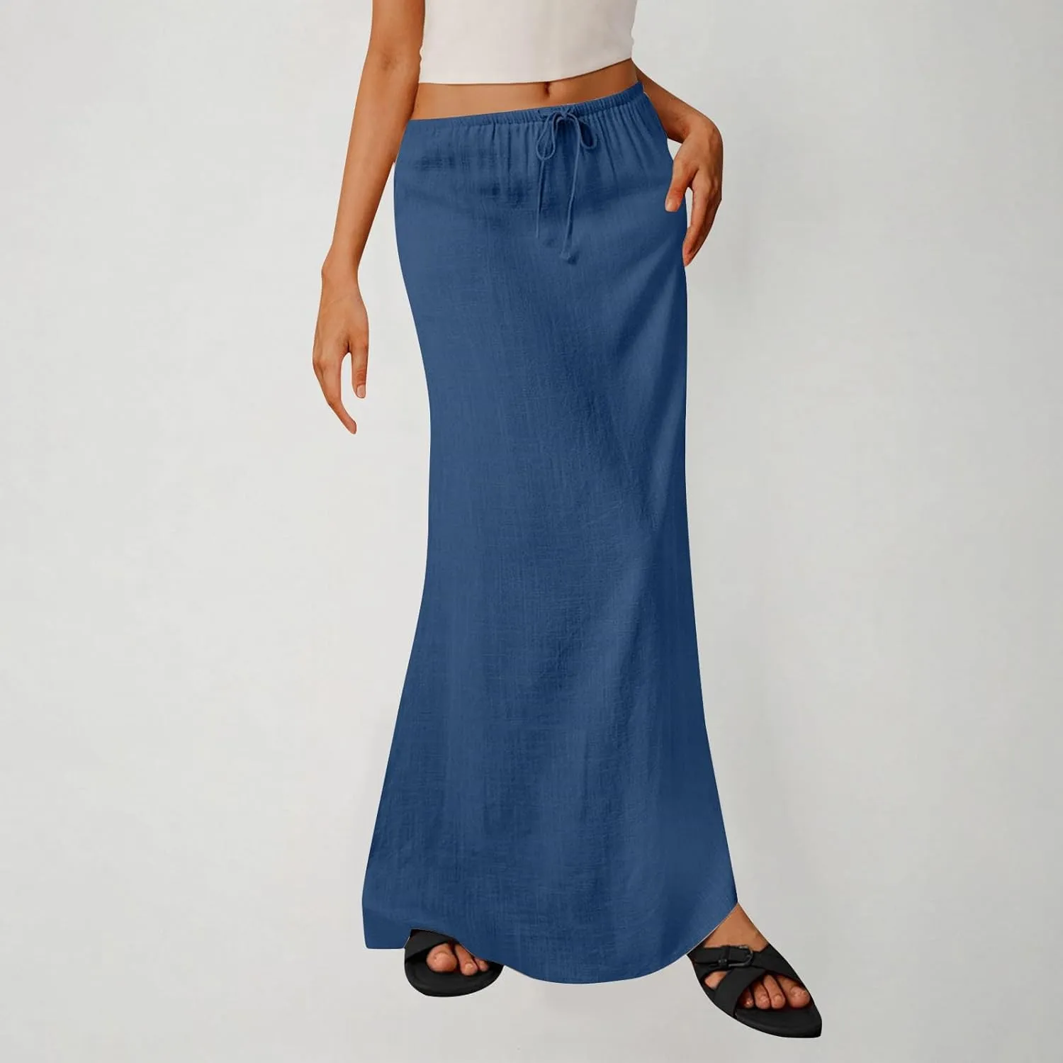 Cotton Linen Maxi Skirts for Women 2025 Drawstring Elastic Waist Dress A Line Cute Vacation Boho Long Flowy Skirts