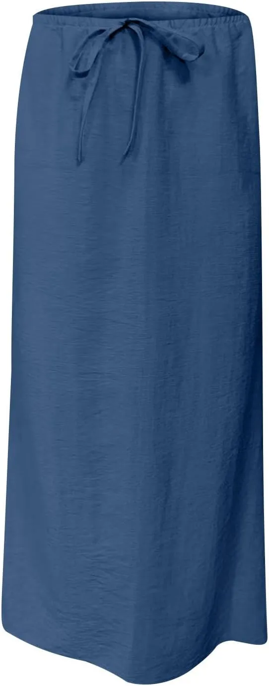 Cotton Linen Maxi Skirts for Women 2025 Drawstring Elastic Waist Dress A Line Cute Vacation Boho Long Flowy Skirts