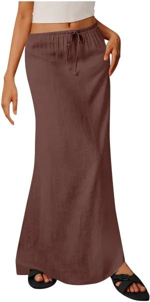 Cotton Linen Maxi Skirts for Women 2025 Drawstring Elastic Waist Dress A Line Cute Vacation Boho Long Flowy Skirts