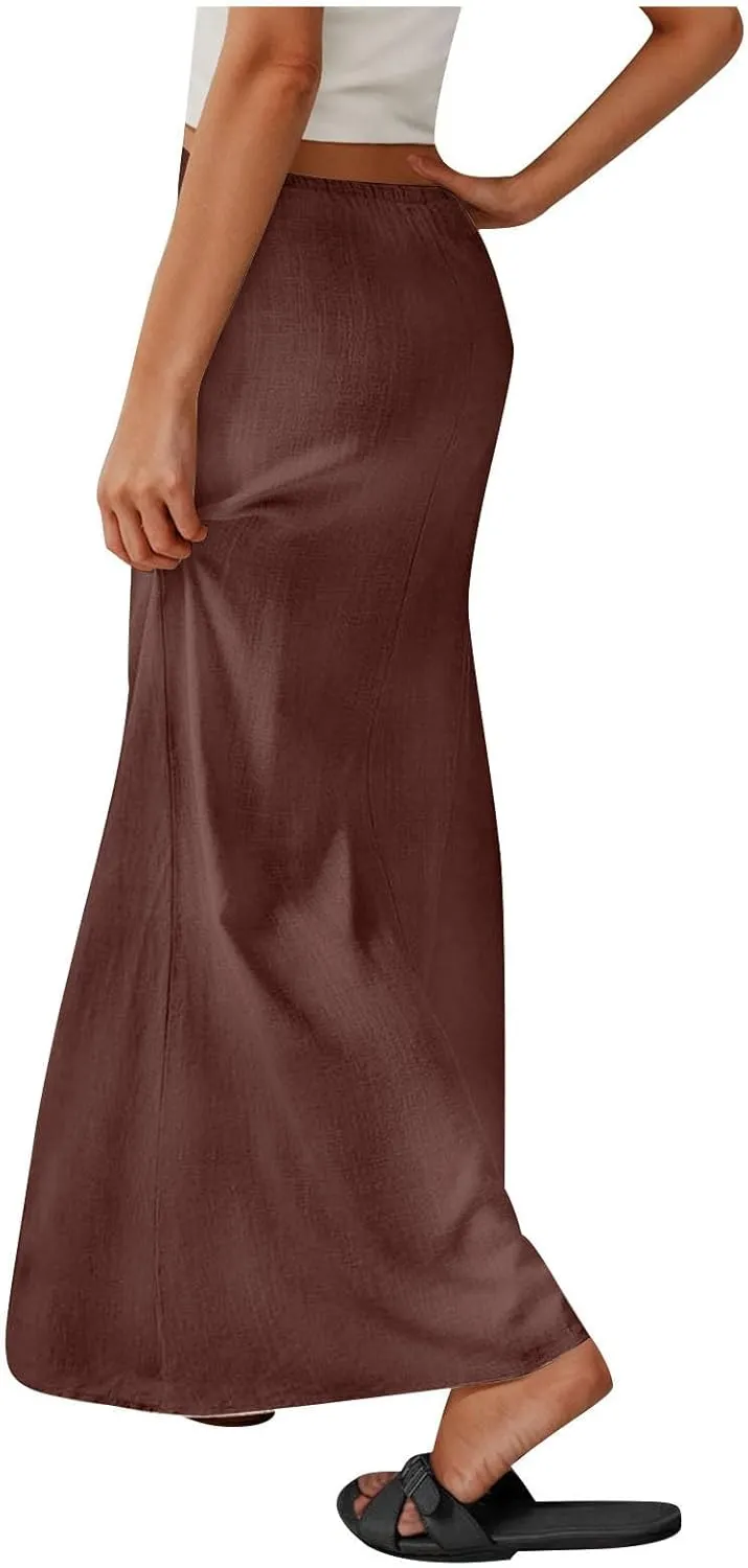 Cotton Linen Maxi Skirts for Women 2025 Drawstring Elastic Waist Dress A Line Cute Vacation Boho Long Flowy Skirts