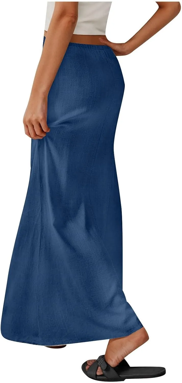 Cotton Linen Maxi Skirts for Women 2025 Drawstring Elastic Waist Dress A Line Cute Vacation Boho Long Flowy Skirts