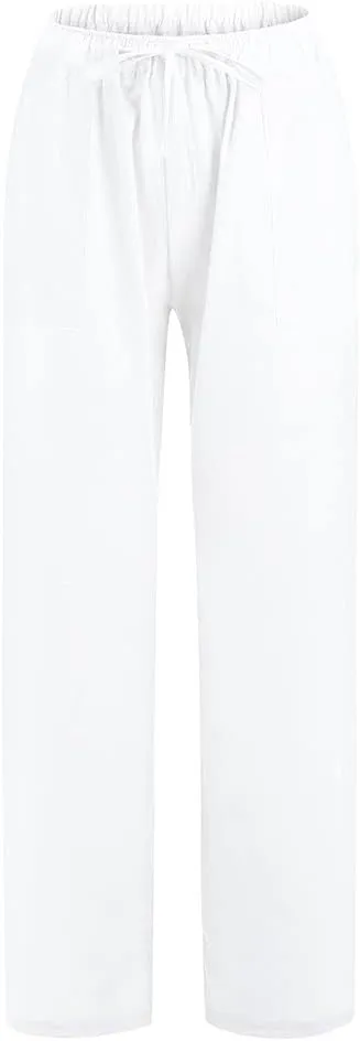 Cotton Linen Pants for Women Elastic Waisted Drawstring Straight Wide Leg Trousers Summer Lightweight Long Pant