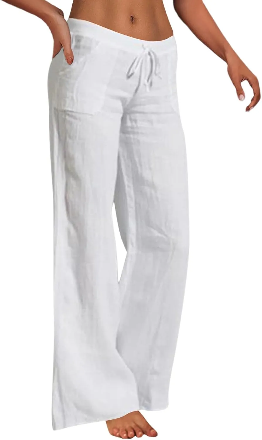 Cotton Linen Pants for Women Elastic Waisted Drawstring Straight Wide Leg Trousers Summer Lightweight Long Pant