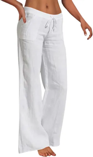 Cotton Linen Pants for Women Elastic Waisted Drawstring Straight Wide Leg Trousers Summer Lightweight Long Pant