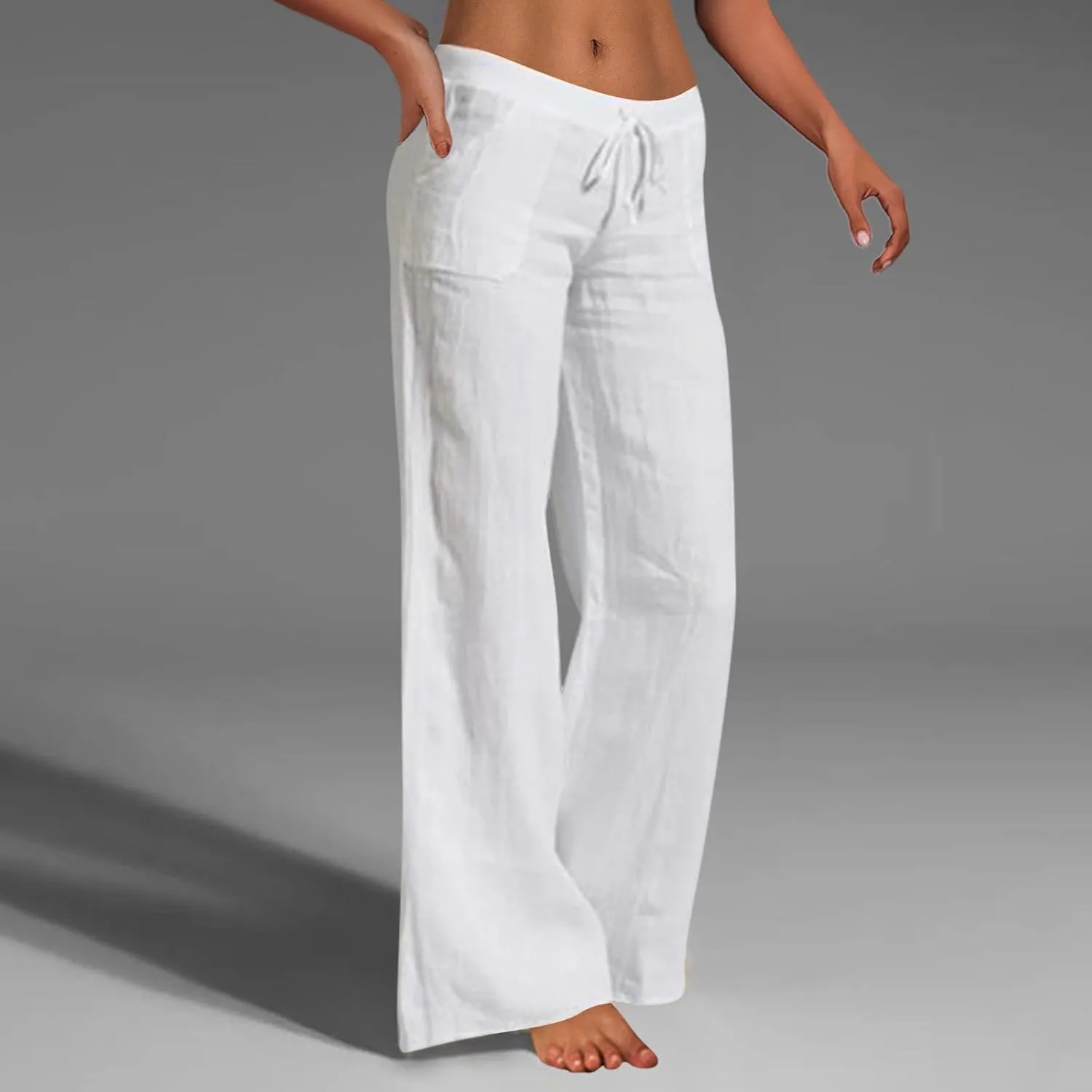Cotton Linen Pants for Women Elastic Waisted Drawstring Straight Wide Leg Trousers Summer Lightweight Long Pant