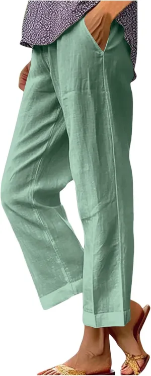 Cotton Linen Pants Women Plus Size High Waisted Cropped Lounge Trousers Casual Summer Wide Leg Beach Pant