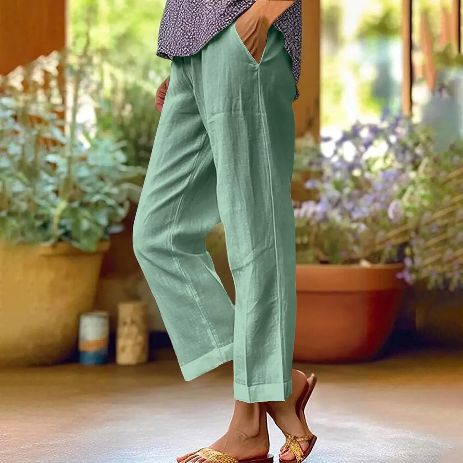 Cotton Linen Pants Women Plus Size High Waisted Cropped Lounge Trousers Casual Summer Wide Leg Beach Pant