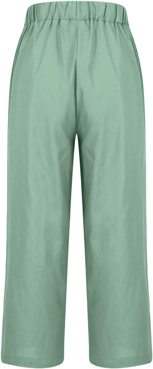 Cotton Linen Pants Women Plus Size High Waisted Cropped Lounge Trousers Casual Summer Wide Leg Beach Pant