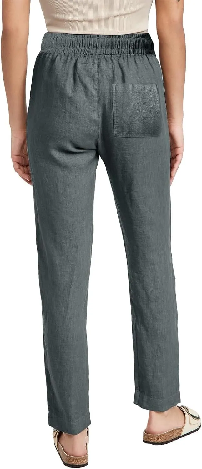 Cotton Linen Pants Women Summer Petite Elastic Waist Solid Lounge Long Trousers Relax Fit Leg White Beach Pant