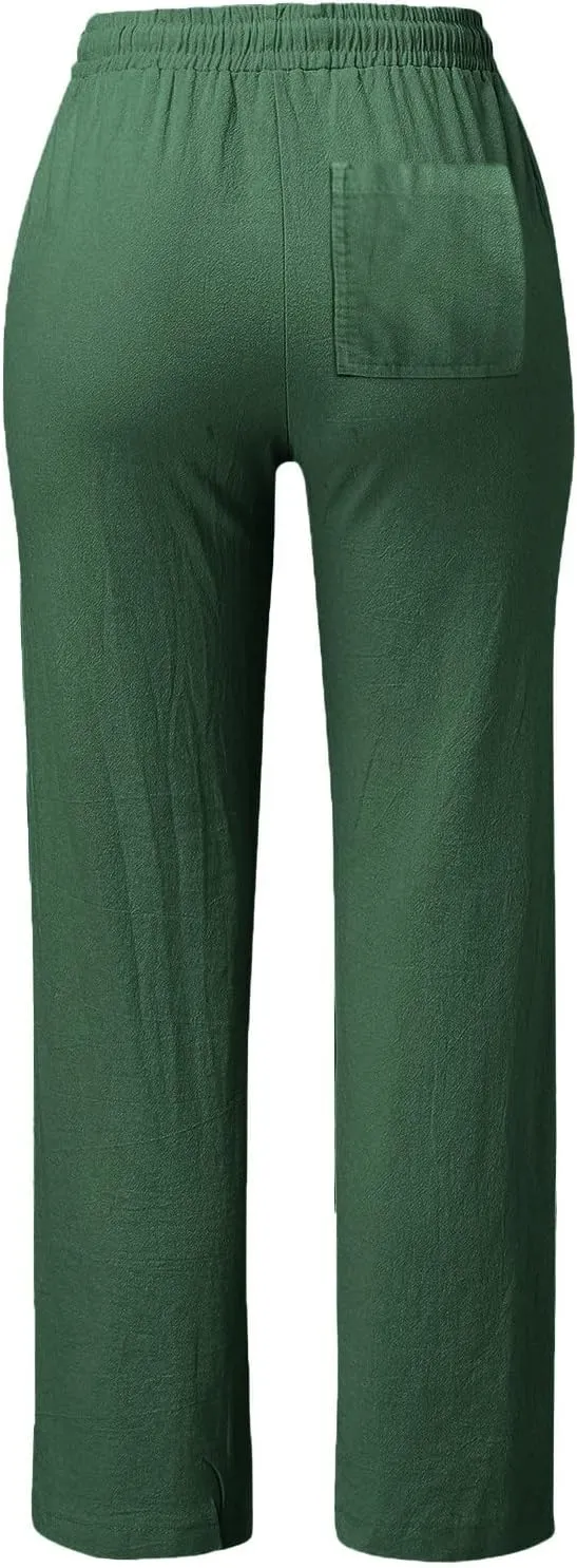 Cotton Linen Pants Women Summer Petite Elastic Waist Solid Lounge Long Trousers Relax Fit Leg White Beach Pant