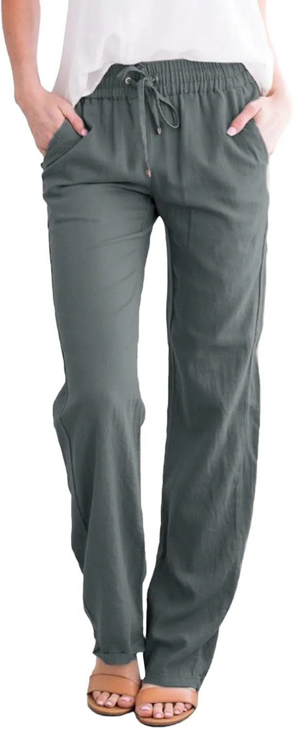 Cotton Linen Pants Women Summer Petite Elastic Waist Solid Lounge Long Trousers Relax Fit Leg White Beach Pant