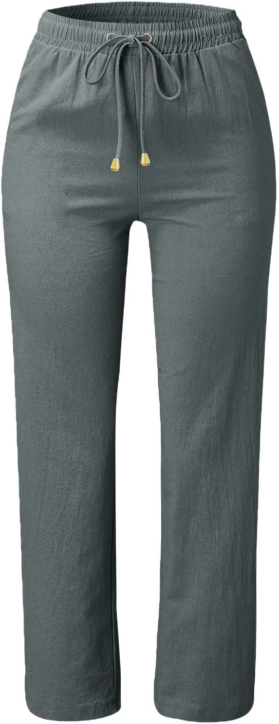 Cotton Linen Pants Women Summer Petite Elastic Waist Solid Lounge Long Trousers Relax Fit Leg White Beach Pant