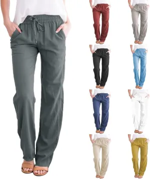 Cotton Linen Pants Women Summer Petite Elastic Waist Solid Lounge Long Trousers Relax Fit Leg White Beach Pant