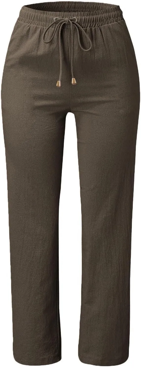 Cotton Linen Pants Women Summer Petite Elastic Waist Solid Lounge Long Trousers Relax Fit Leg White Beach Pant