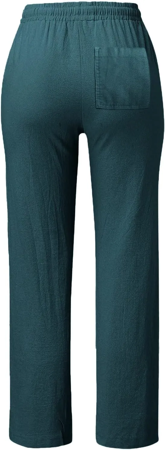 Cotton Linen Pants Women Summer Petite Elastic Waist Solid Lounge Long Trousers Relax Fit Leg White Beach Pant
