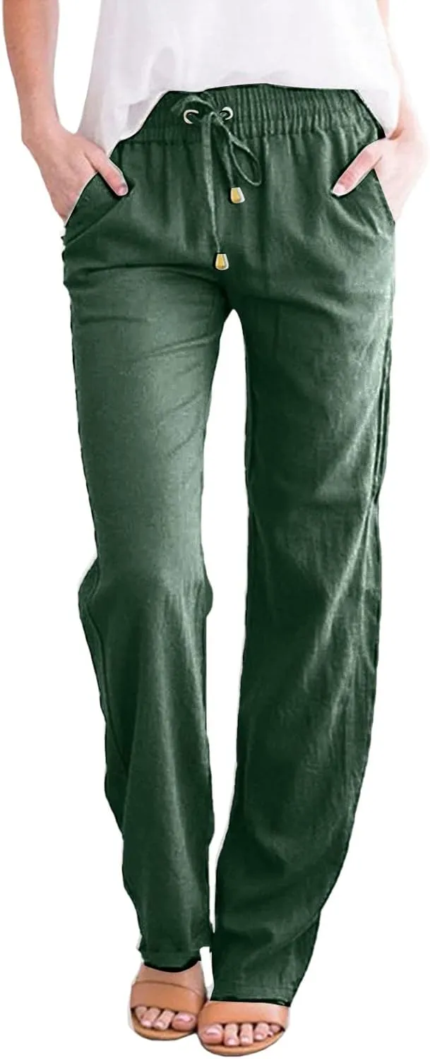 Cotton Linen Pants Women Summer Petite Elastic Waist Solid Lounge Long Trousers Relax Fit Leg White Beach Pant