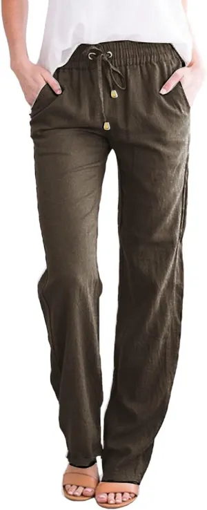 Cotton Linen Pants Women Summer Petite Elastic Waist Solid Lounge Long Trousers Relax Fit Leg White Beach Pant
