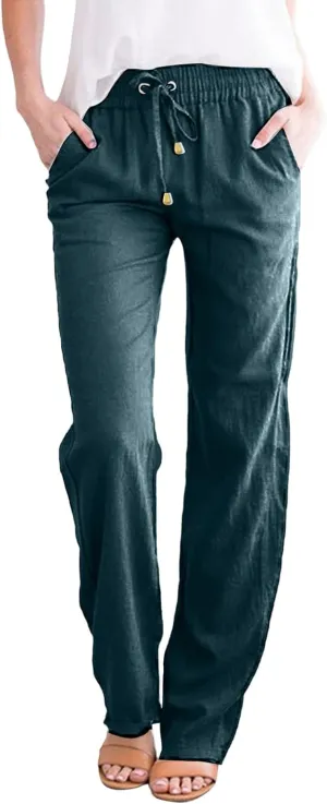 Cotton Linen Pants Women Summer Petite Elastic Waist Solid Lounge Long Trousers Relax Fit Leg White Beach Pant