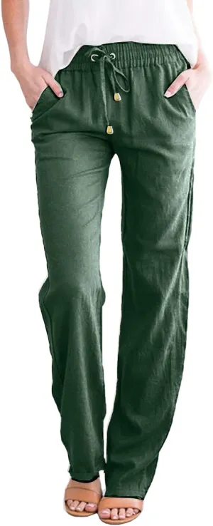 Cotton Linen Pants Women Summer Petite Elastic Waist Solid Lounge Long Trousers Relax Fit Leg White Beach Pant
