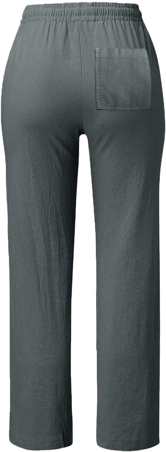 Cotton Linen Pants Women Summer Petite Elastic Waist Solid Lounge Long Trousers Relax Fit Leg White Beach Pant