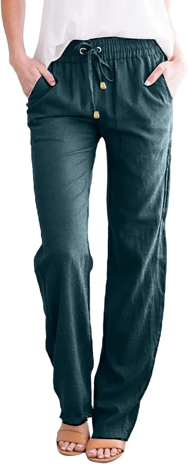 Cotton Linen Pants Women Summer Petite Elastic Waist Solid Lounge Long Trousers Relax Fit Leg White Beach Pant