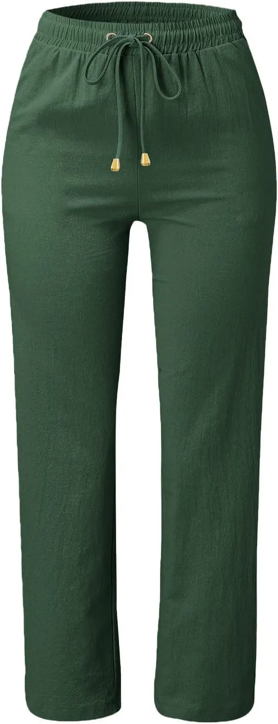 Cotton Linen Pants Women Summer Petite Elastic Waist Solid Lounge Long Trousers Relax Fit Leg White Beach Pant