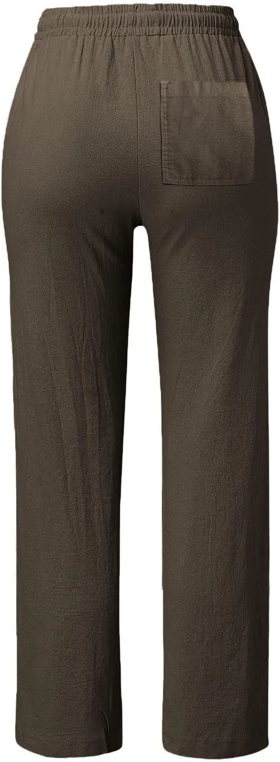 Cotton Linen Pants Women Summer Petite Elastic Waist Solid Lounge Long Trousers Relax Fit Leg White Beach Pant