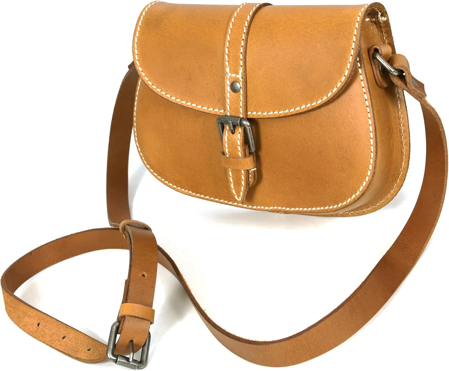 Crossbody Bag for Women, Tan Saddle Leather Bag with Contrast Stitching