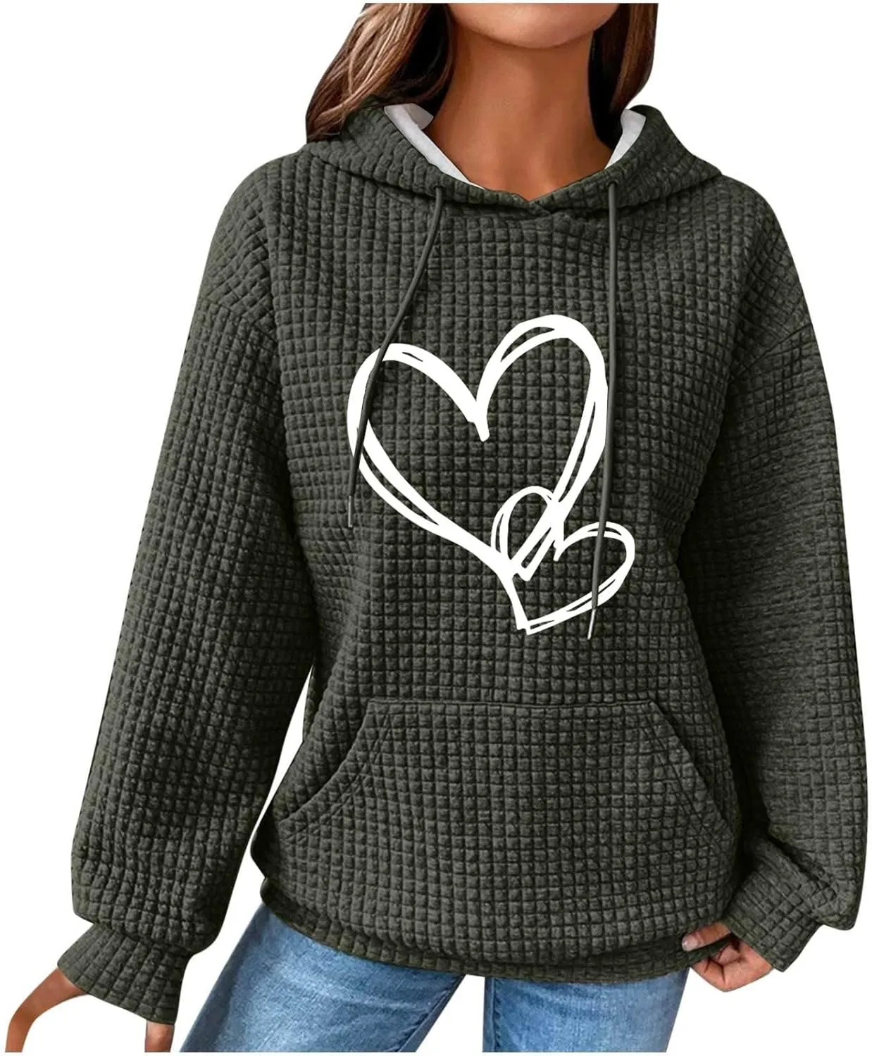 Cute Graphic Hoodies For Women Long Sleeve Heart Print Pullover Tops Oversized Long Sleeve Hooded Waffle Sweatshirt