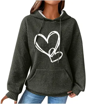 Cute Graphic Hoodies For Women Long Sleeve Heart Print Pullover Tops Oversized Long Sleeve Hooded Waffle Sweatshirt