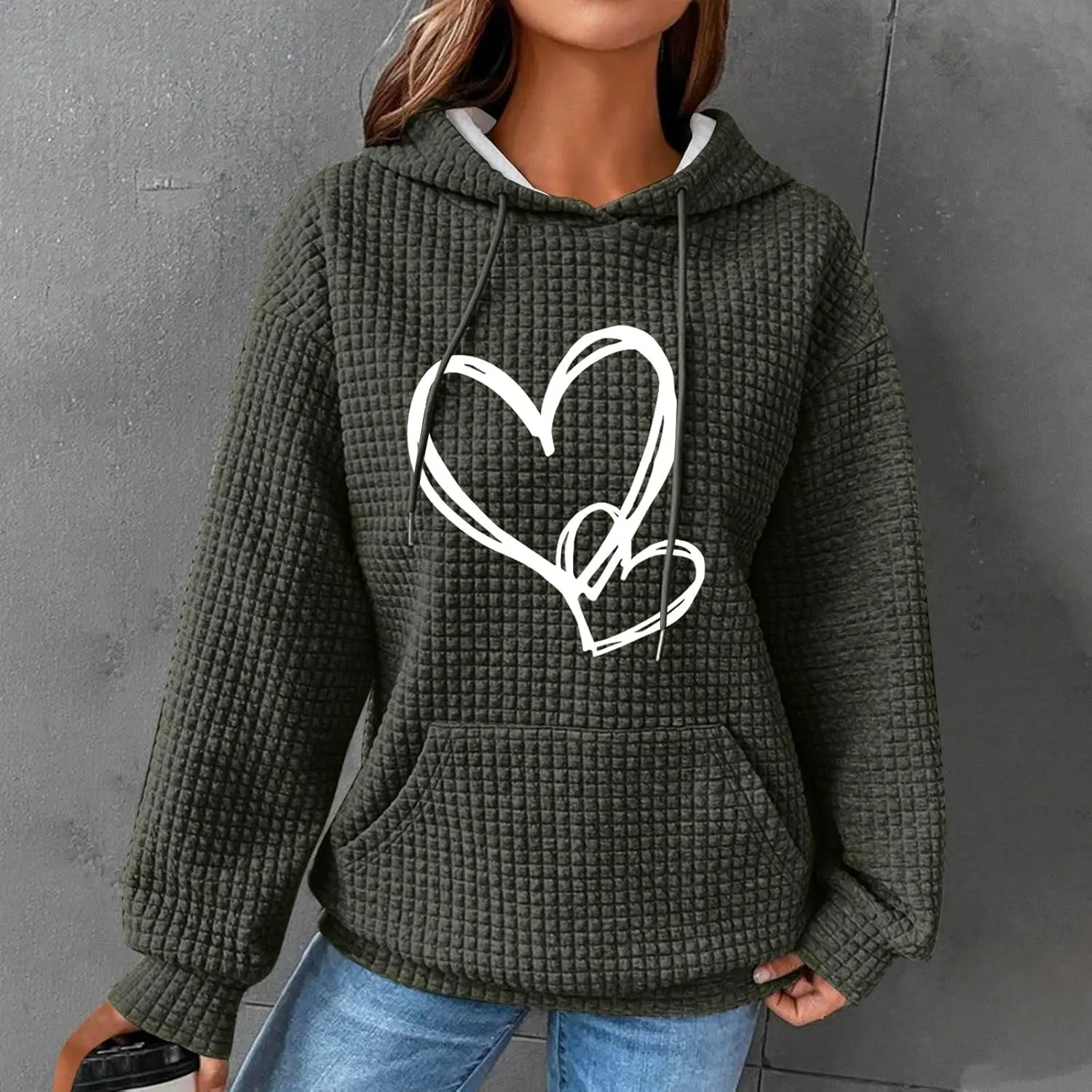 Cute Graphic Hoodies For Women Long Sleeve Heart Print Pullover Tops Oversized Long Sleeve Hooded Waffle Sweatshirt