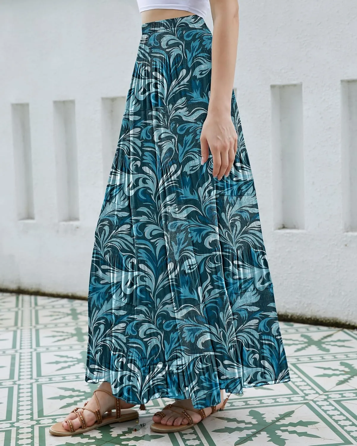 CYiNu Women's Chiffon Elastic High Waist Tiered Pleated Floral Printed A-Line Boho Long Maxi Skirts