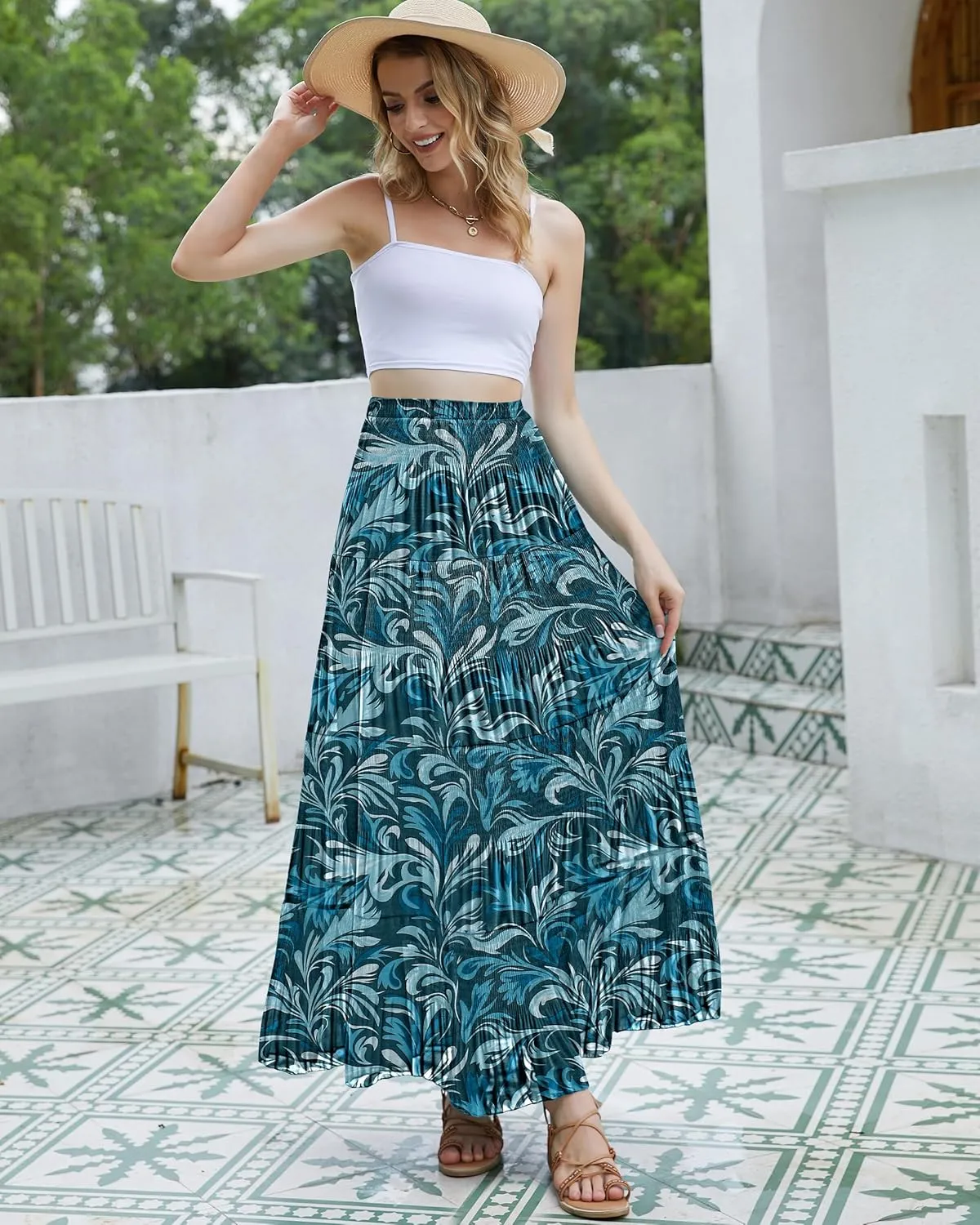 CYiNu Women's Chiffon Elastic High Waist Tiered Pleated Floral Printed A-Line Boho Long Maxi Skirts