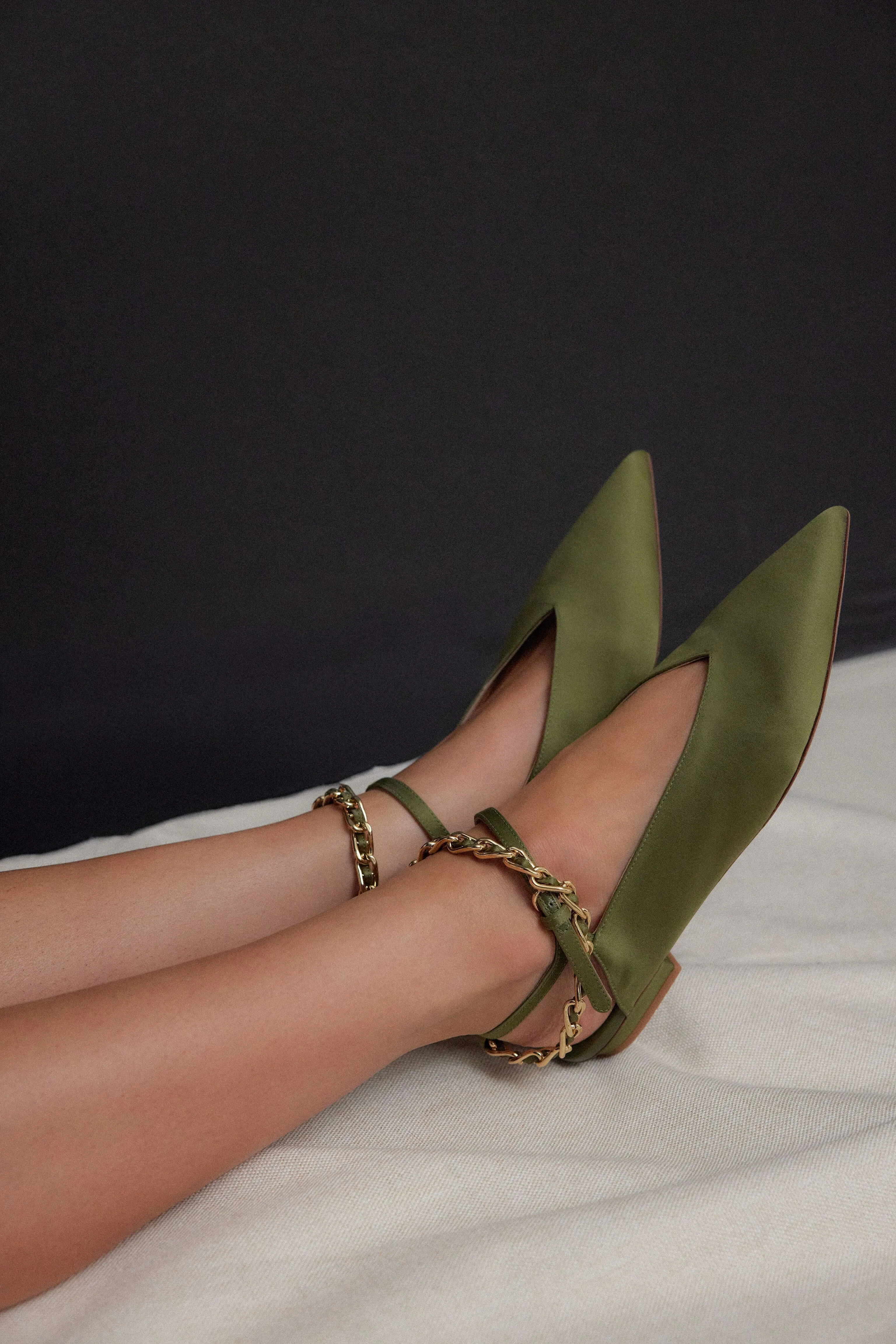 Dark Green Pointed Flats with Chain