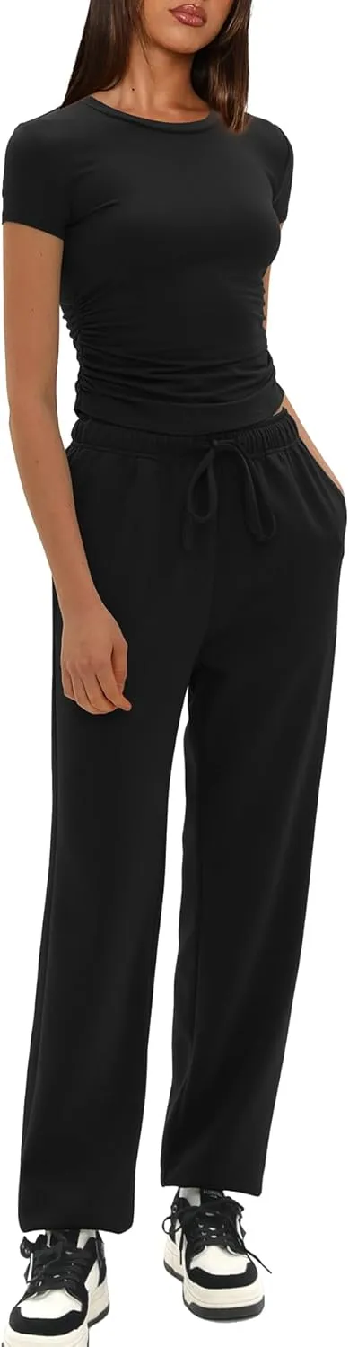 Darong Womens 2 Piece Outfit Sets Short Sleeve Crew Neck T Shirts with Jogger Pants Active Tracksuit Lounge Set