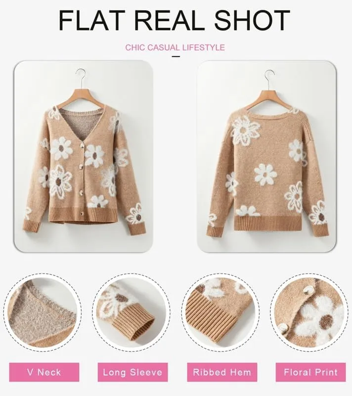 Dokotoo Cardigan Sweaters for Women Open Front Long Sleeve Button Down V-Neck Knit Floral Sweater