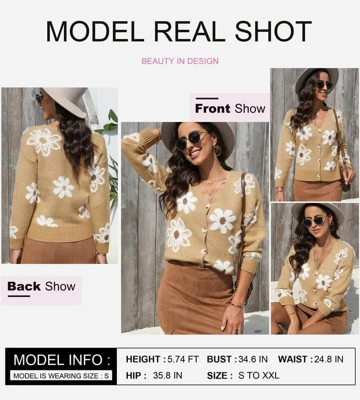Dokotoo Cardigan Sweaters for Women Open Front Long Sleeve Button Down V-Neck Knit Floral Sweater
