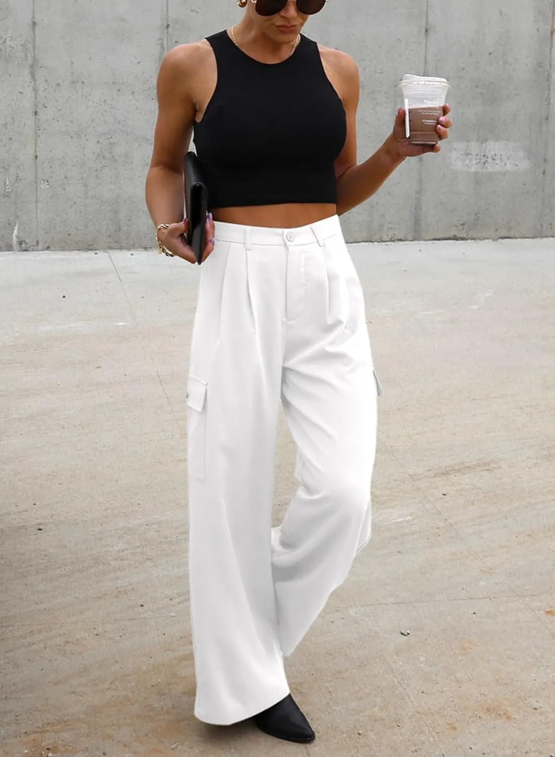 Dokotoo Womens High Waisted Wide Leg Cargo Pants Baggy Casual Trendy Work Pants with 4 Pockets