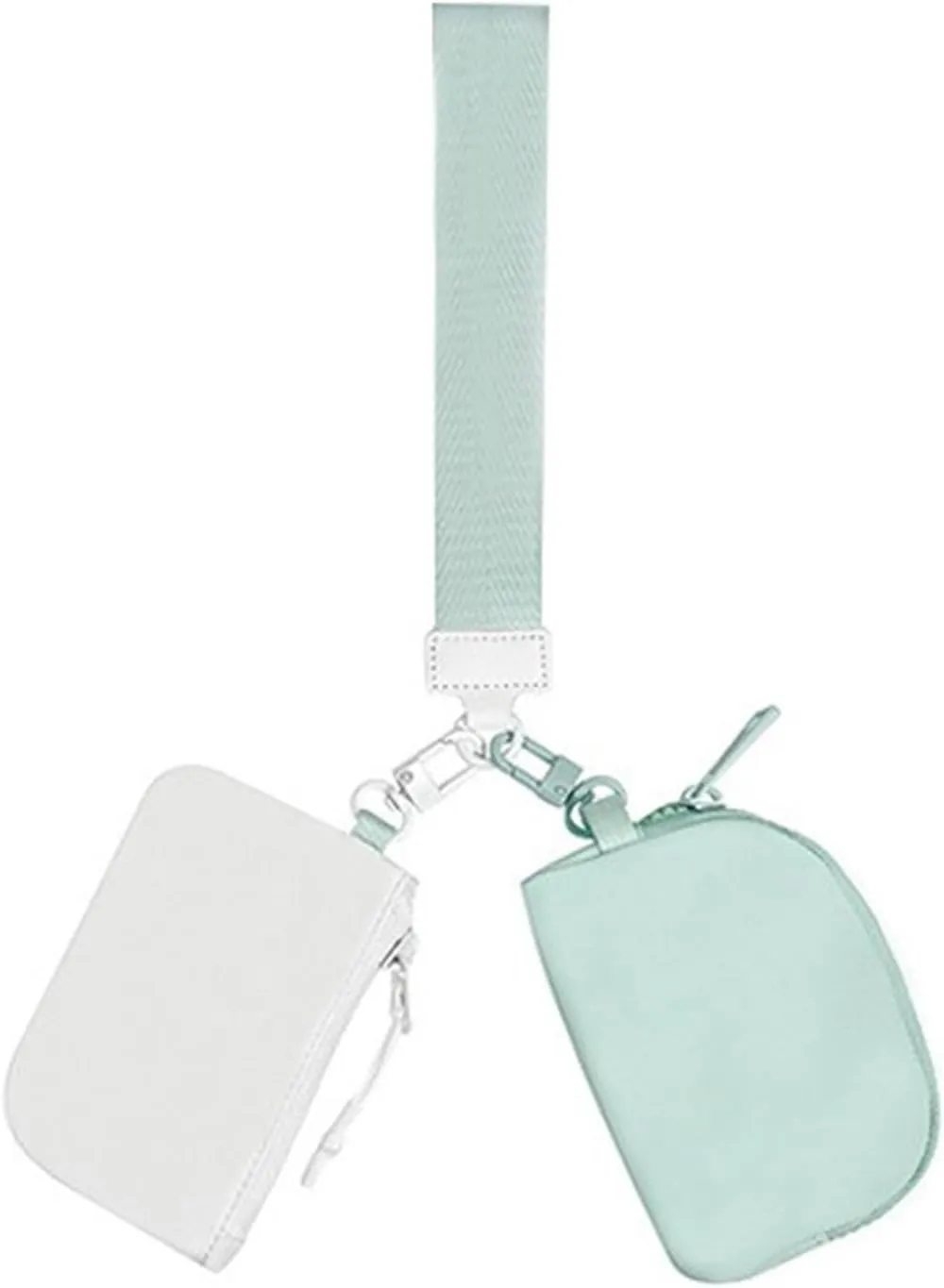 Double Pouch Wristlet Keychain Wristlet Wallet Portable Nylon Wristlet Wallet Detachable Zippered Coin Purse for Women, White/Ice Blue