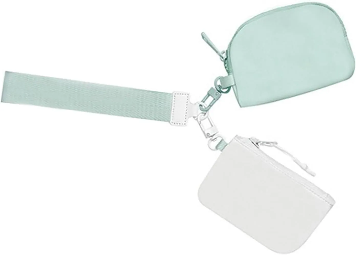 Double Pouch Wristlet Keychain Wristlet Wallet Portable Nylon Wristlet Wallet Detachable Zippered Coin Purse for Women, White/Ice Blue