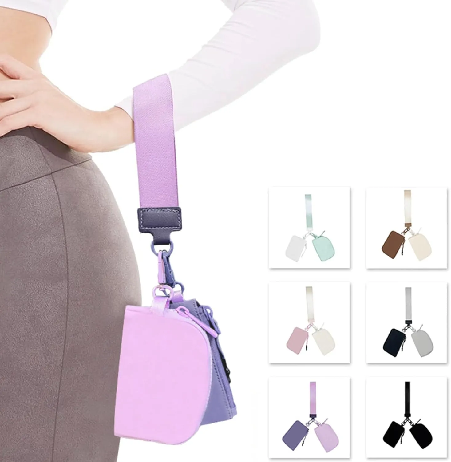 Double Pouch Wristlet Keychain Wristlet Wallet Portable Nylon Wristlet Wallet Detachable Zippered Coin Purse for Women, White/Ice Blue