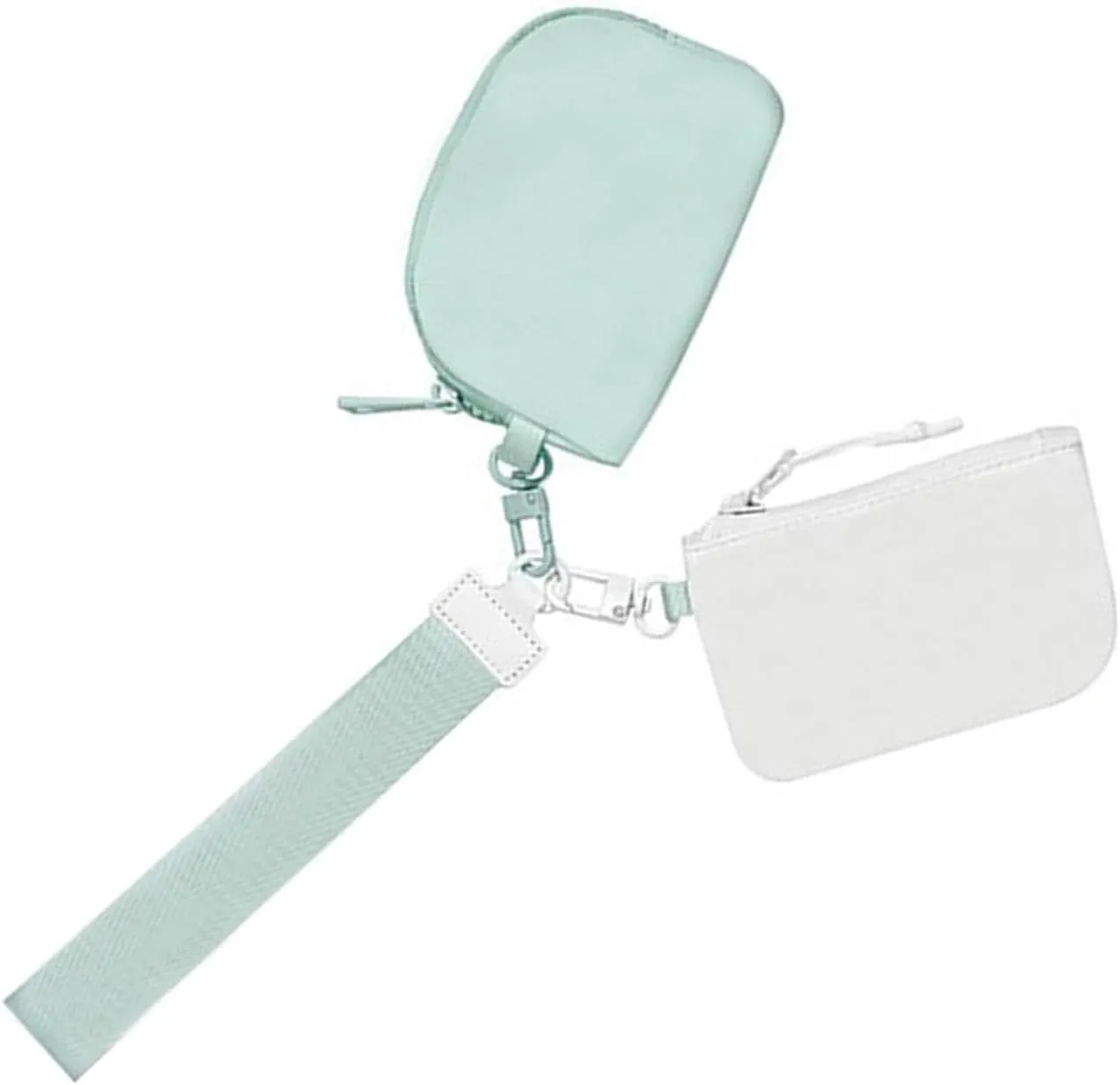 Double Pouch Wristlet Keychain Wristlet Wallet Portable Nylon Wristlet Wallet Detachable Zippered Coin Purse for Women, White/Ice Blue