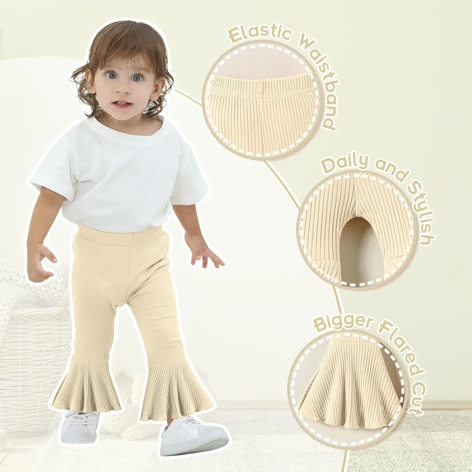 DREAM BUS 3 Pack Baby Girl Pants Toddler Leggings Solid Ribbed Cotton Baby Girls Flare Pants Toddler Bell Bottoms