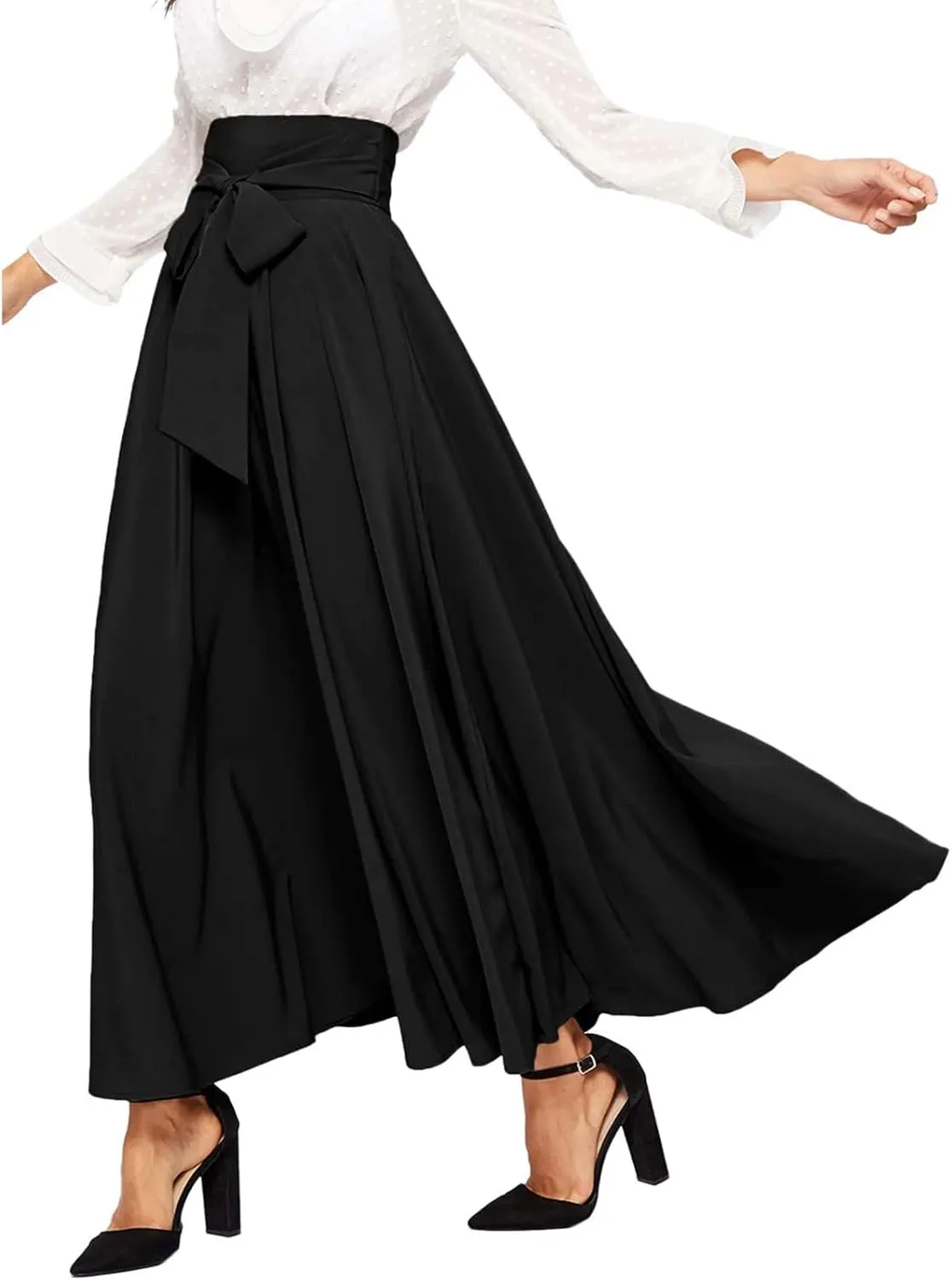 Dressy Skirts for Women Flowy Ruffle Swing High Waisted Bow Front Pleated Maxi Skirts Fall Business Work Suit Dresses