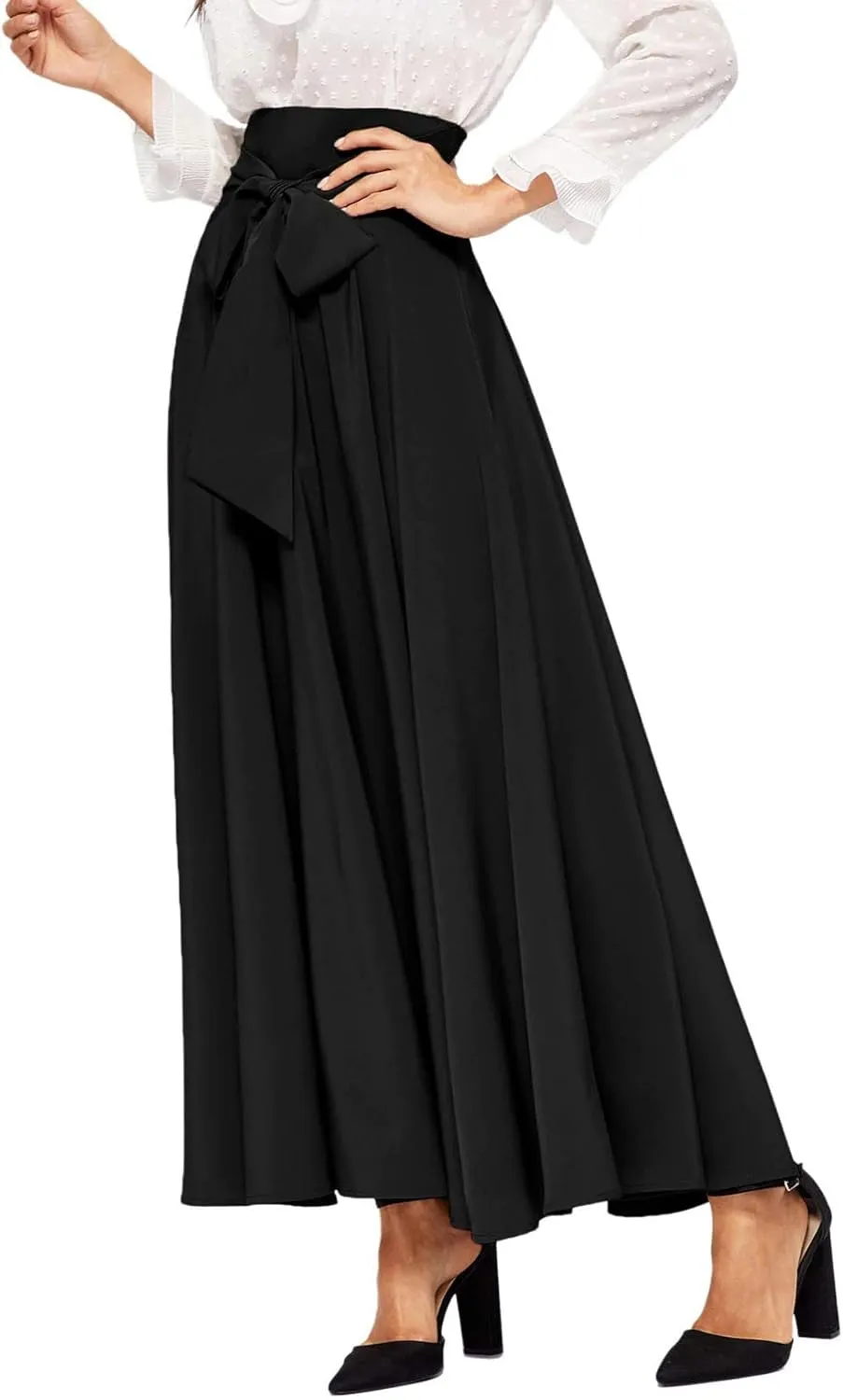 Dressy Skirts for Women Flowy Ruffle Swing High Waisted Bow Front Pleated Maxi Skirts Fall Business Work Suit Dresses