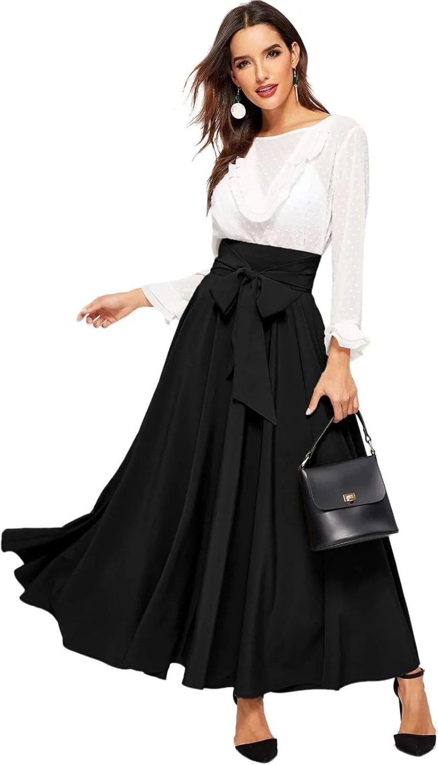 Dressy Skirts for Women Flowy Ruffle Swing High Waisted Bow Front Pleated Maxi Skirts Fall Business Work Suit Dresses