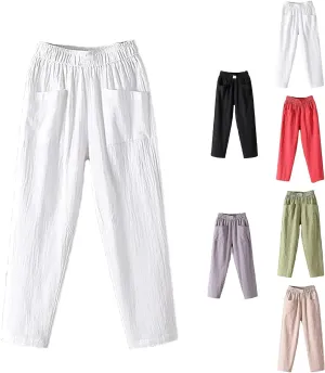 Endurancte Women's Loose Pants, Infinitne Fast Dry High Waist Cotton Trouser Cropped Solid Straight Wide Leg with Pockets